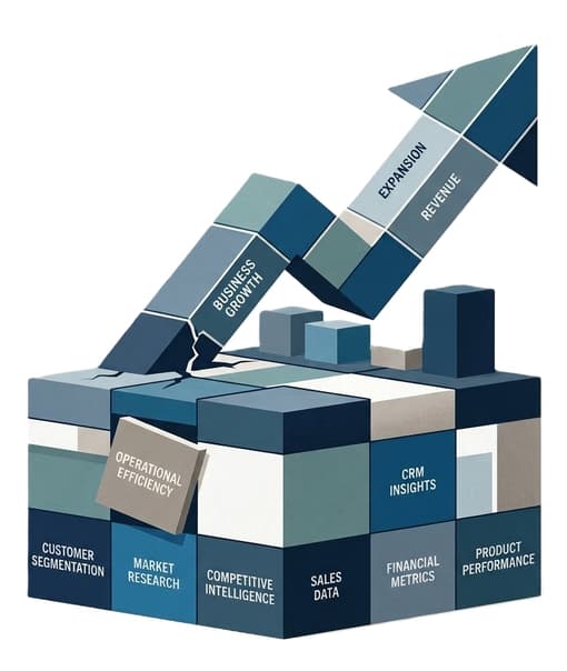 A 3D graphic showing business building blocks leading to an upward growth arrow.